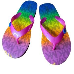 Michael Kors Endine Stripe girls rainbow "MK" flip flops Youth sizes 4/5